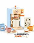 Complete wooden coffee toy set with cups, milk box and play coins on white background.