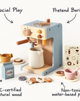 Wooden coffee toy display showing safe natural wood and non-toxic paint features.