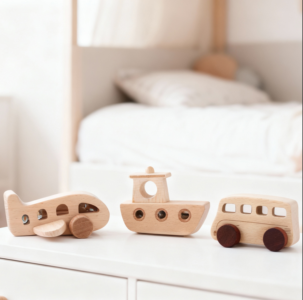 Montessori Wooden Vehicle Toy Set for Toddlers 1-3, Car Bus Plane Boat Rattle Bead Toys