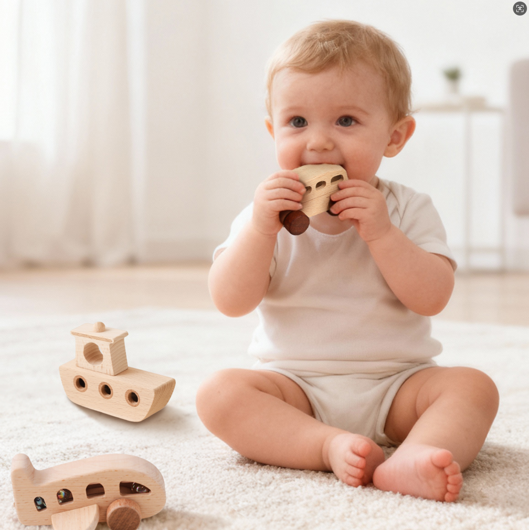 Montessori Wooden Vehicle Toy Set for Toddlers 1-3, Car Bus Plane Boat Rattle Bead Toys