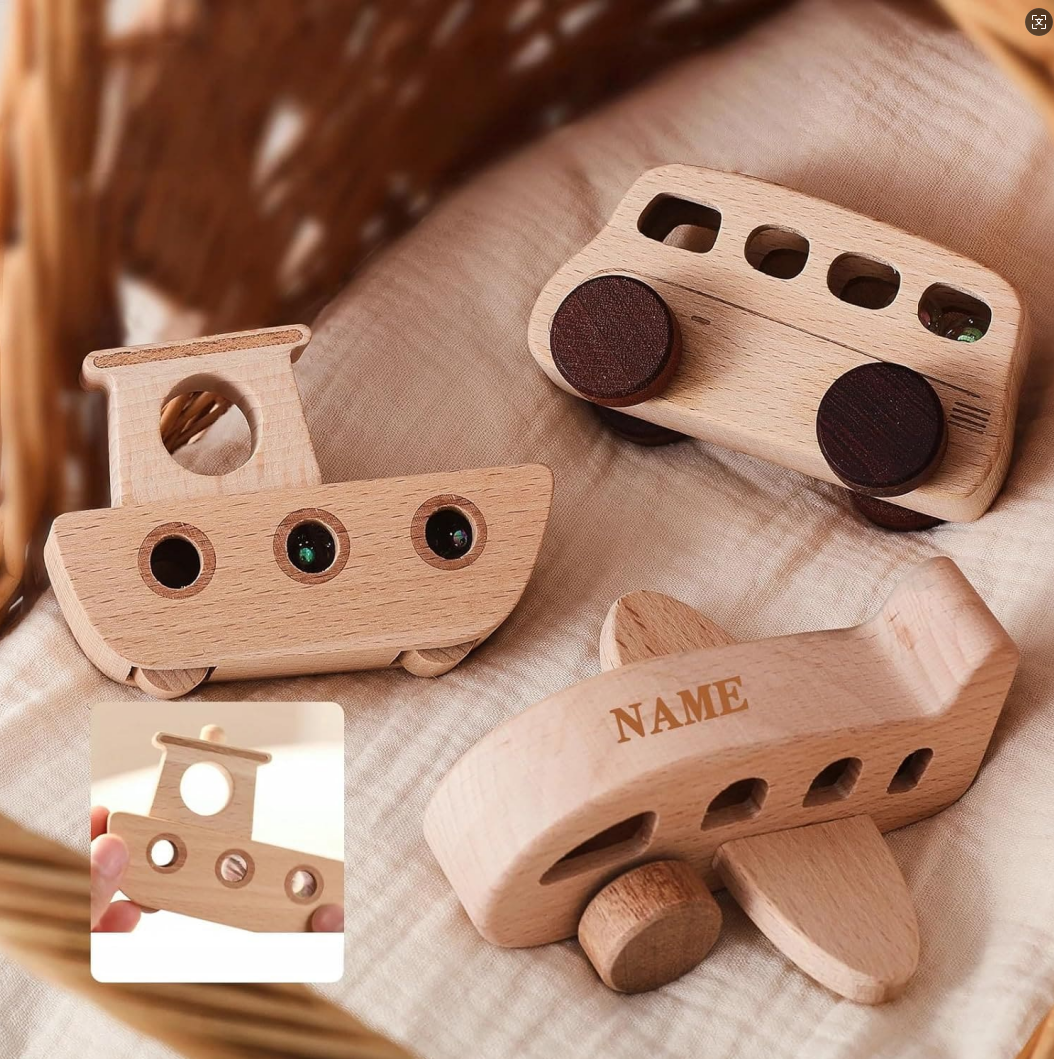 Montessori Wooden Vehicle Toy Set for Toddlers 1-3, Car Bus Plane Boat Rattle Bead Toys