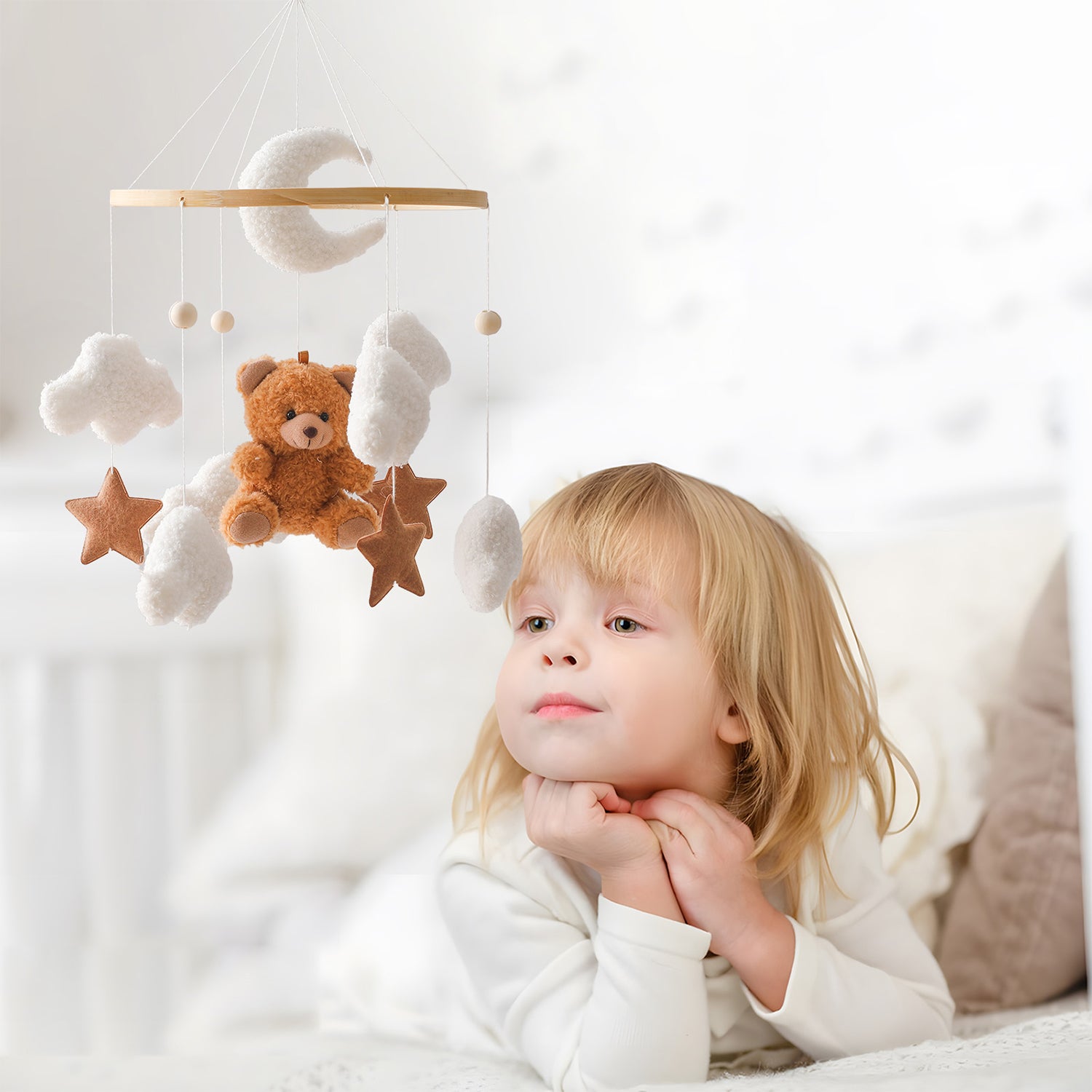 Bear Crib Mobile: Teddy Velvet Hanging Baby Mobile for Boys &amp; Girls, Newborn Nursery Decor