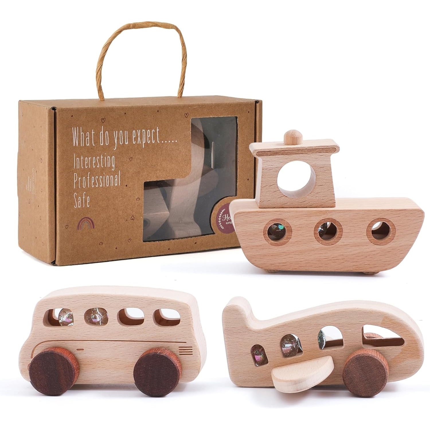 Montessori Wooden Vehicle Toy Set for Toddlers 1-3, Car Bus Plane Boat Rattle Bead Toys