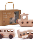 Montessori Wooden Vehicle Toy Set for Toddlers 1-3, Car Bus Plane Boat Rattle Bead Toys