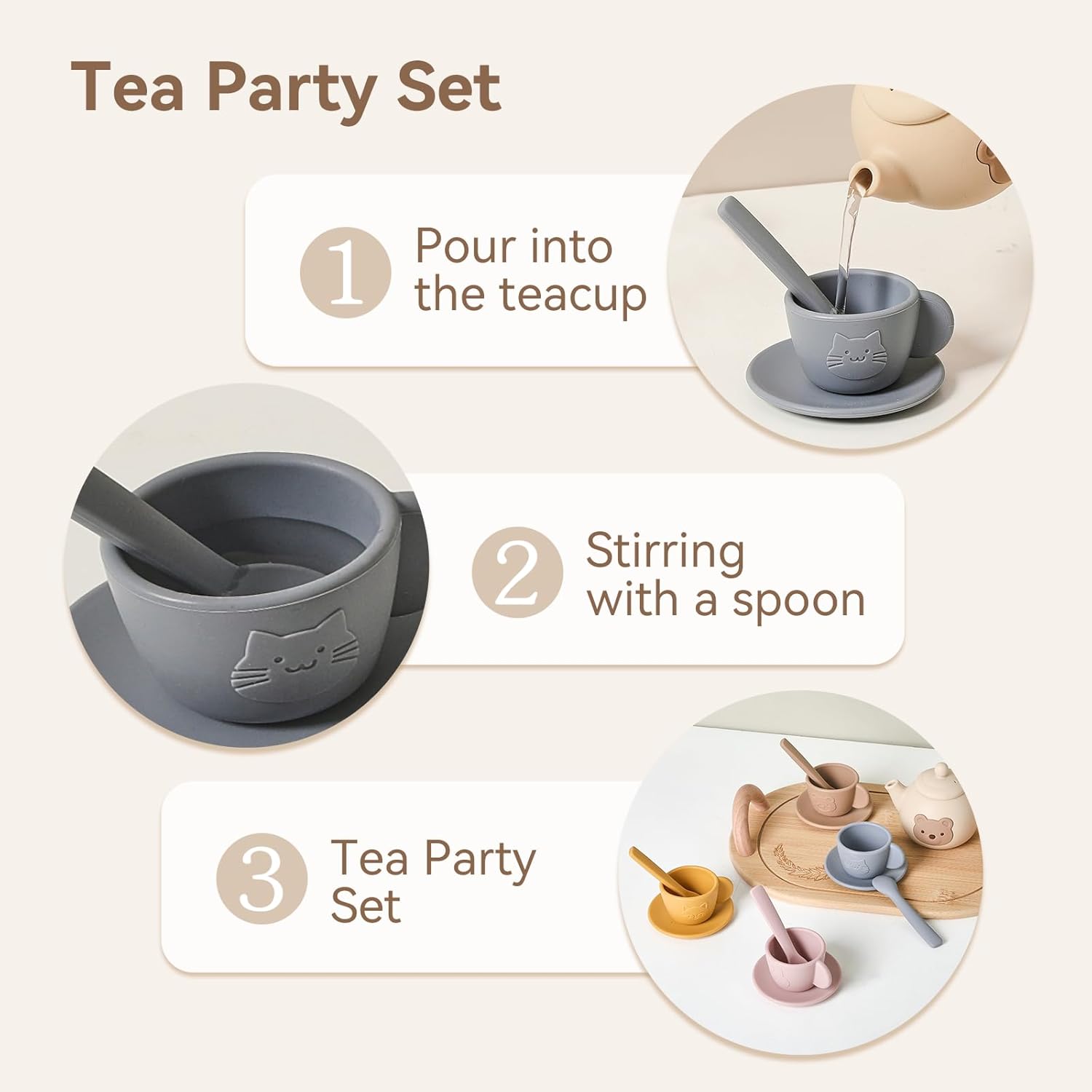 Kids Tea Party Set, Silicone Teapot &amp; Cups with Wooden Tray, Pretend Play Toy -15PC | LETSMAKE