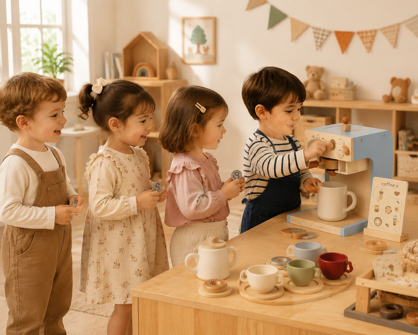 Kids Pretend Coffee &amp; Tea Set – Wooden Play Kitchen Gift