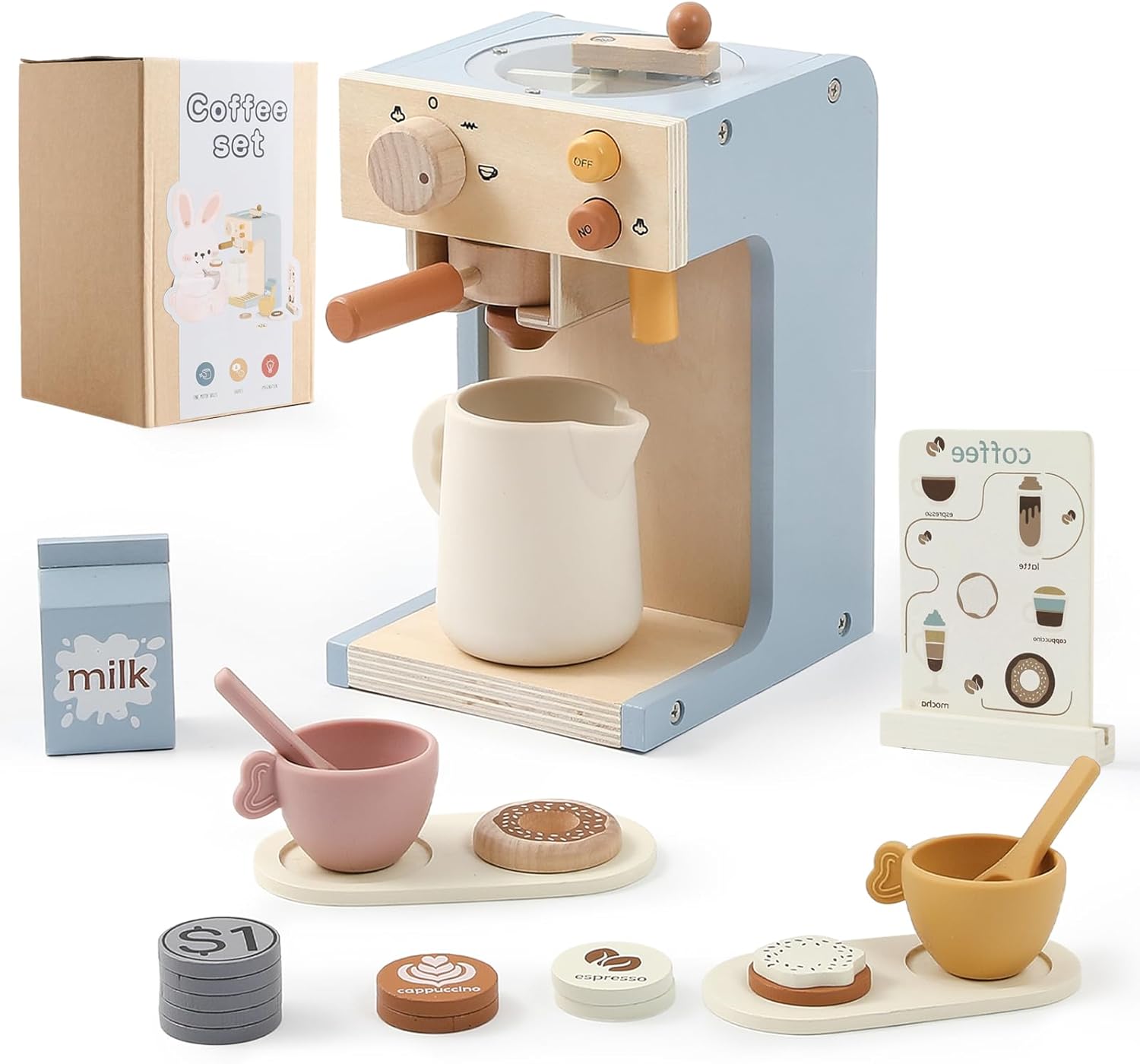 Wooden Pretend Coffee Maker Playset, Play Kitchen Gift for Toddlers 3+ Boys Girls