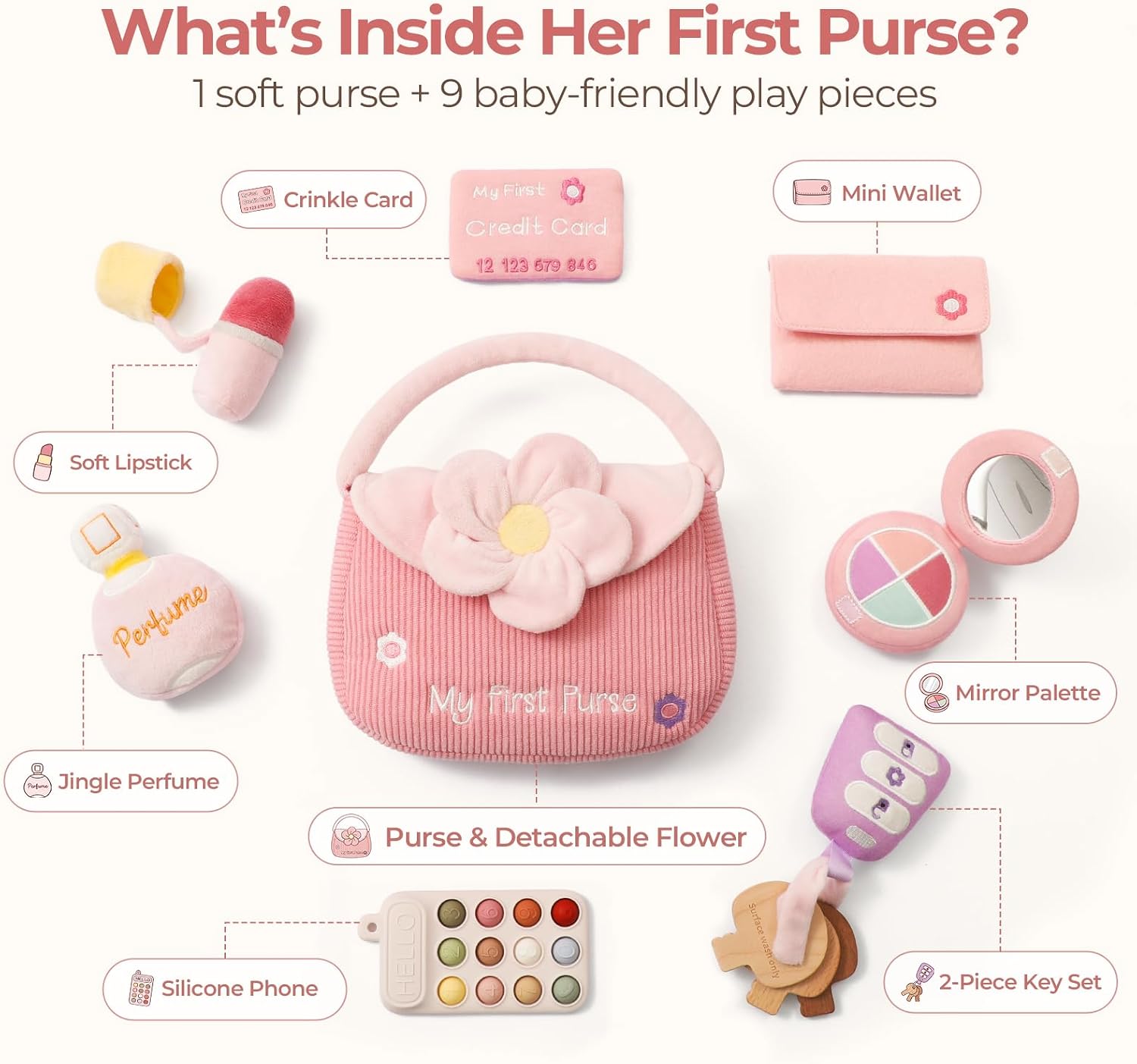 My First Purse Sensory Toy Set for Baby &amp; Toddler Girls | 10-Piece Pretend Play Handbag Toy, 1 Year Old Girl Gift