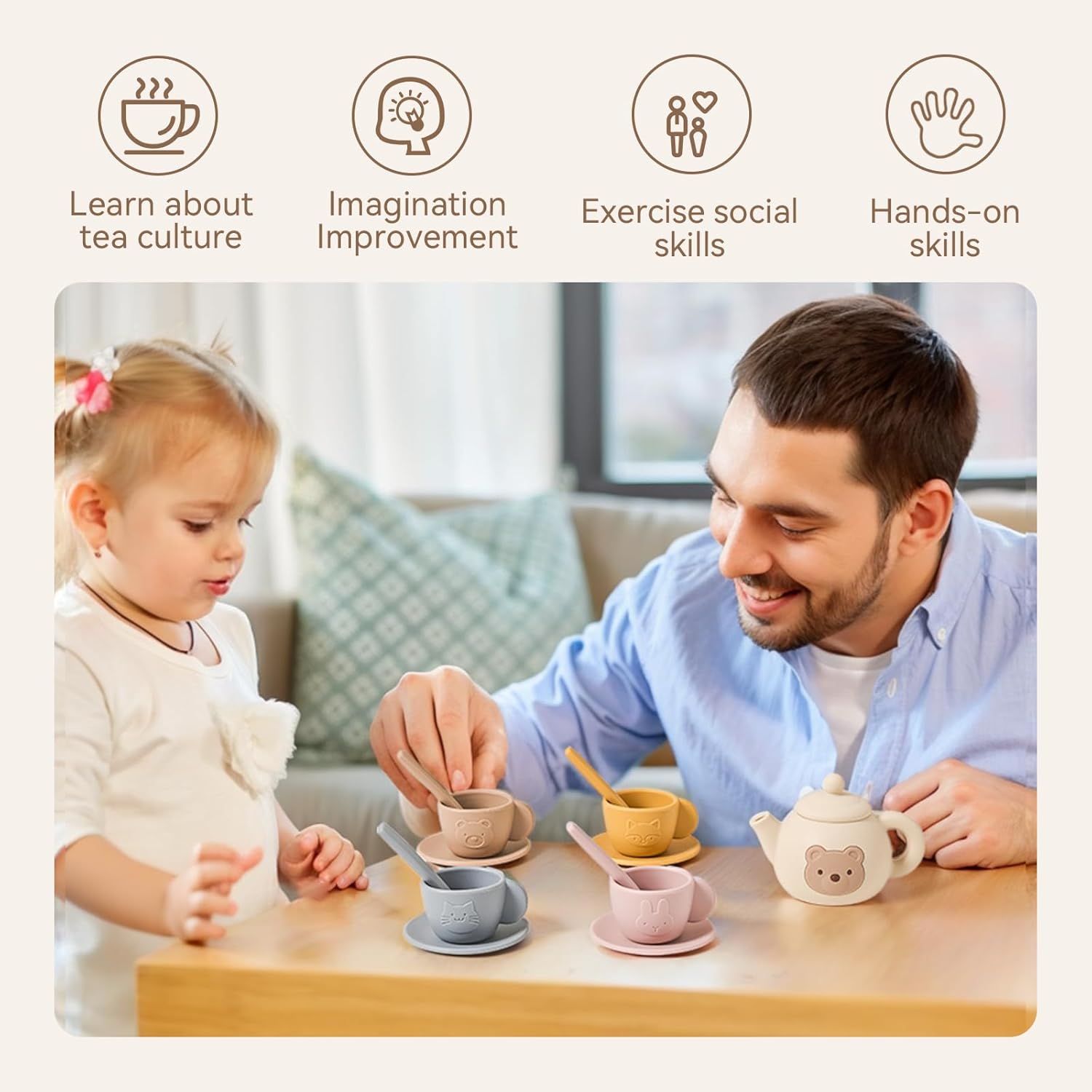 Kids Tea Party Set, Silicone Teapot &amp; Cups with Wooden Tray, Pretend Play Toy -15PC | LETSMAKE
