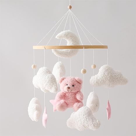 Pink Bear Crib Mobile -Velvet Hanging Baby Mobile for Boys &amp; Girls, Newborn Bassinet Nursery Decor