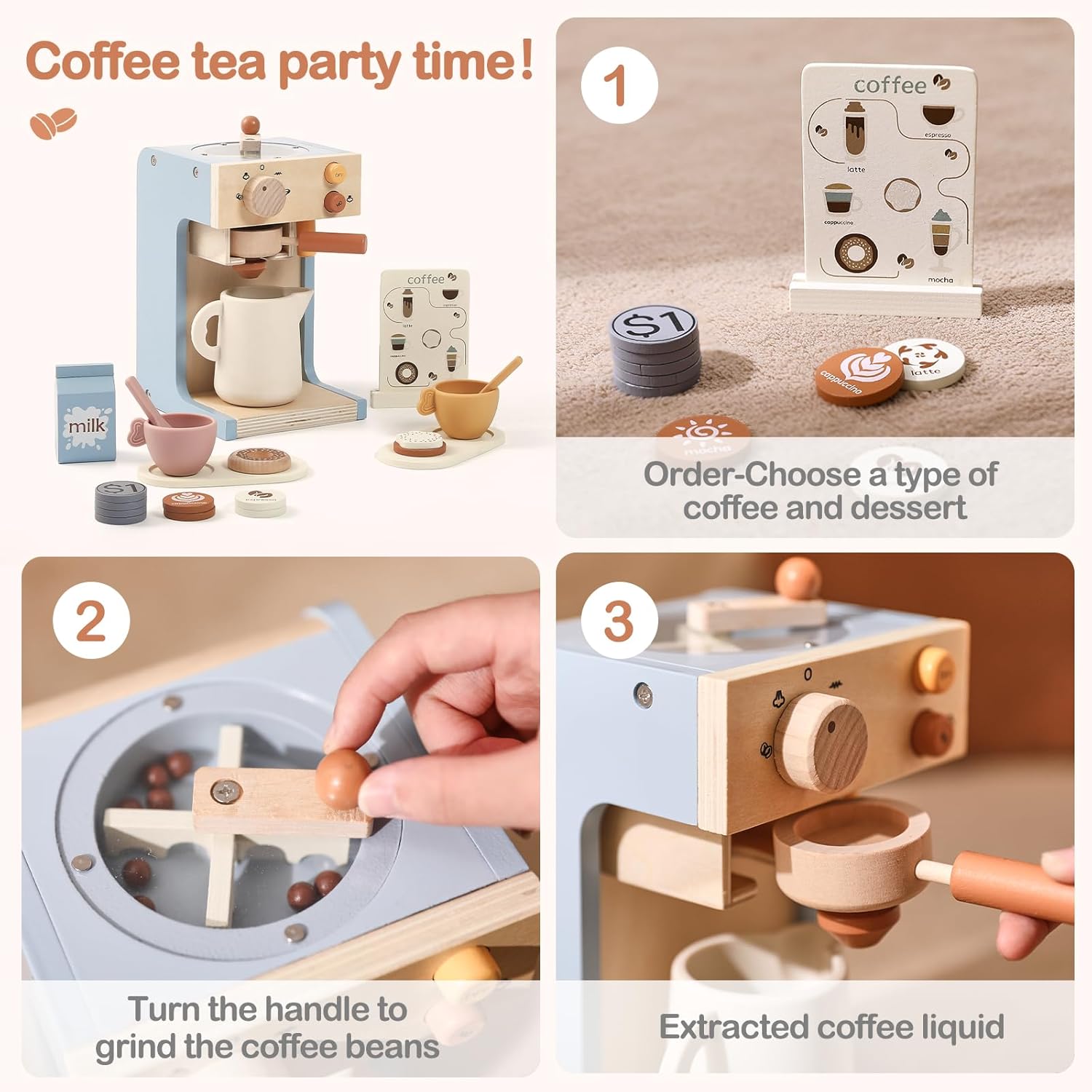 Wooden Coffee Maker Toy Set, Play Kitchen Gift for Toddlers 1-3 Years Old Boys Girls | LETSMAKE