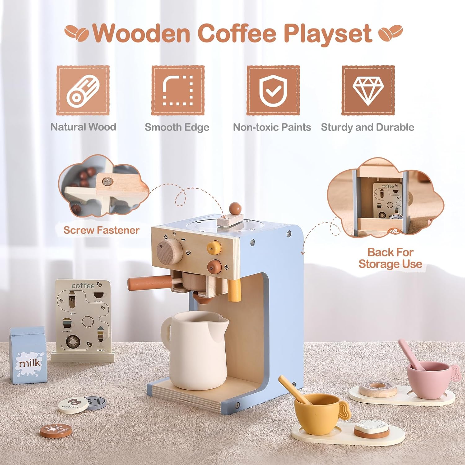 Wooden Pretend Coffee Maker Playset, Play Kitchen Gift for Toddlers 3+ Boys Girls