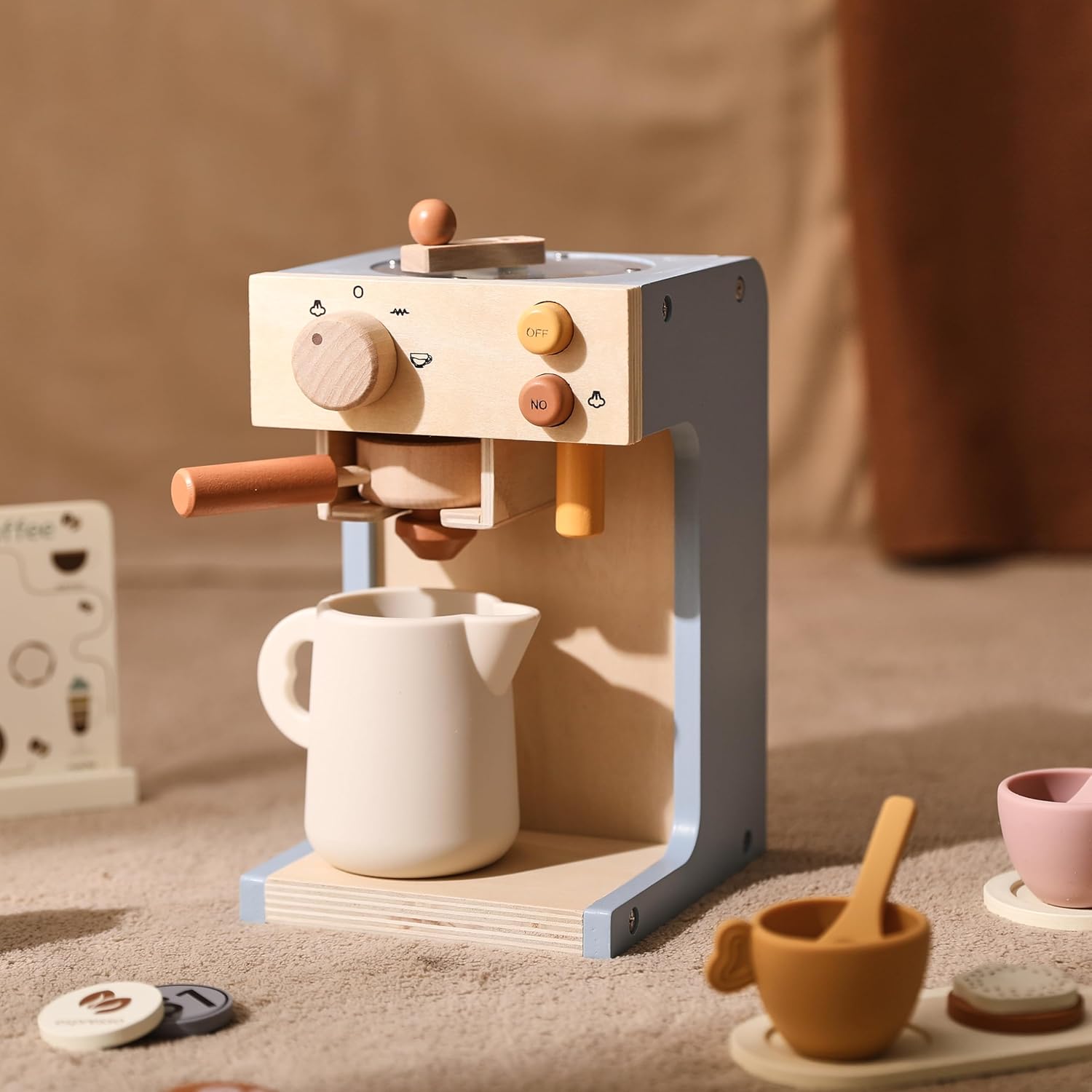 Wooden Pretend Coffee Maker Playset, Play Kitchen Gift for Toddlers 3+ Boys Girls