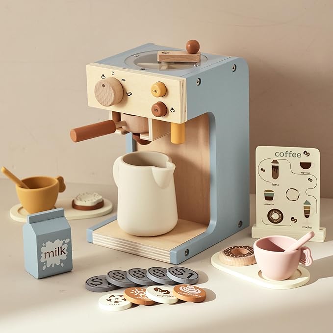 Wooden Pretend Coffee Maker Playset, Play Kitchen Gift for Toddlers 3+ Boys Girls