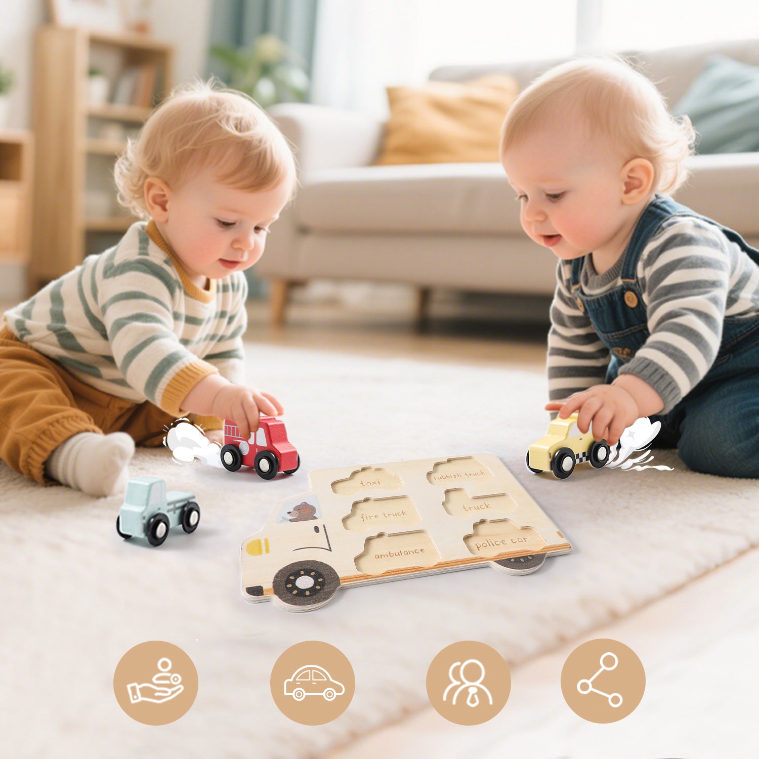 7Pcs Wooden Vehicle Shape Matching Puzzle Cars Montessori Toy for Toddlers 0-3 Years | LETSMAKE