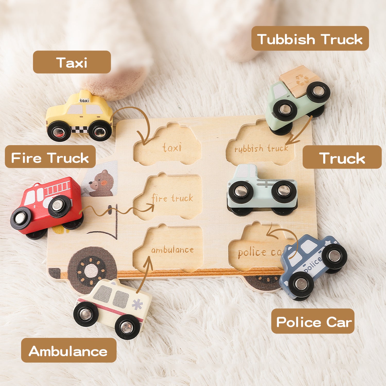 7Pcs Wooden Vehicle Shape Matching Puzzle Cars Montessori Toy for Toddlers 0-3 Years | LETSMAKE