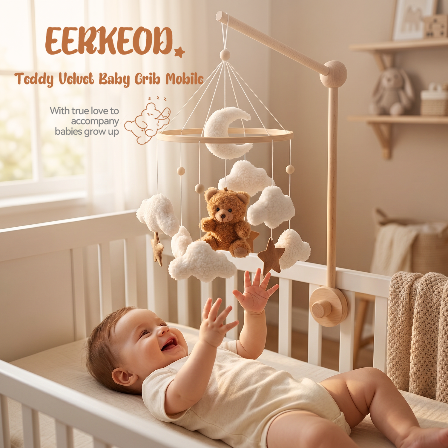 Bear Crib Mobile: Teddy Velvet Hanging Baby Mobile for Boys &amp; Girls, Newborn Nursery Decor