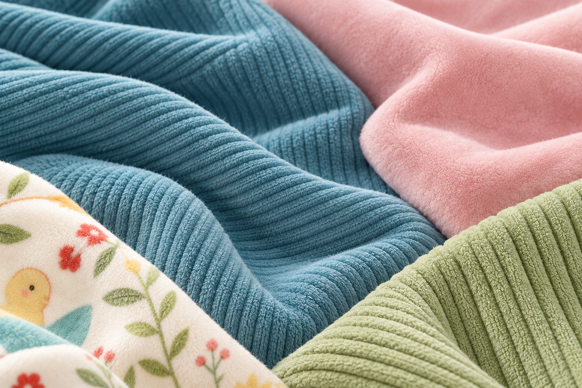 Close-up of teal and sage green corduroy, pink short-pile plush, and floral bird-print fabric.