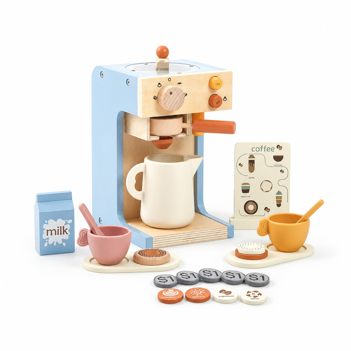 Complete wooden coffee toy set with cups, milk box and play coins on white background.
