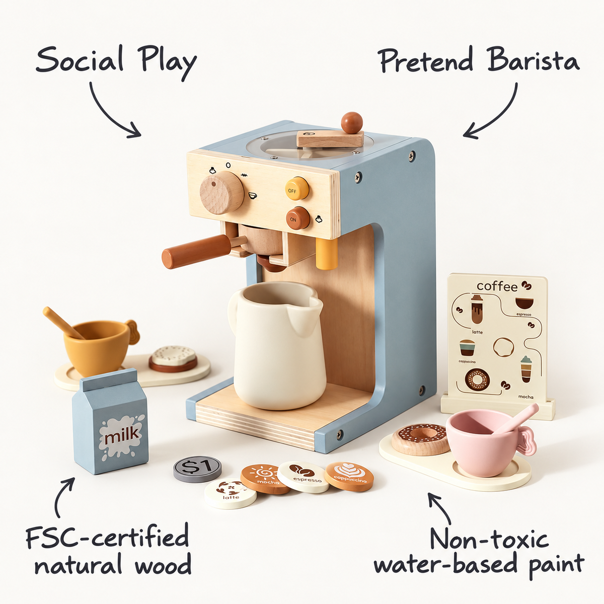 Wooden coffee toy display showing safe natural wood and non-toxic paint features.