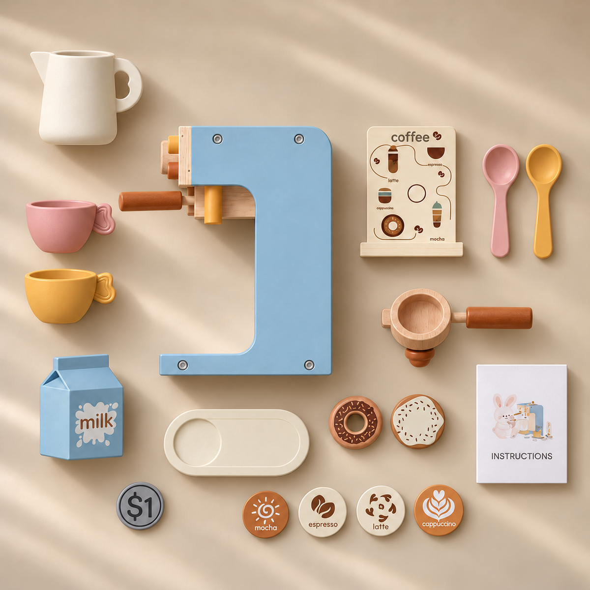 Flat lay of wooden pretend coffee maker playset with full accessories on beige background.