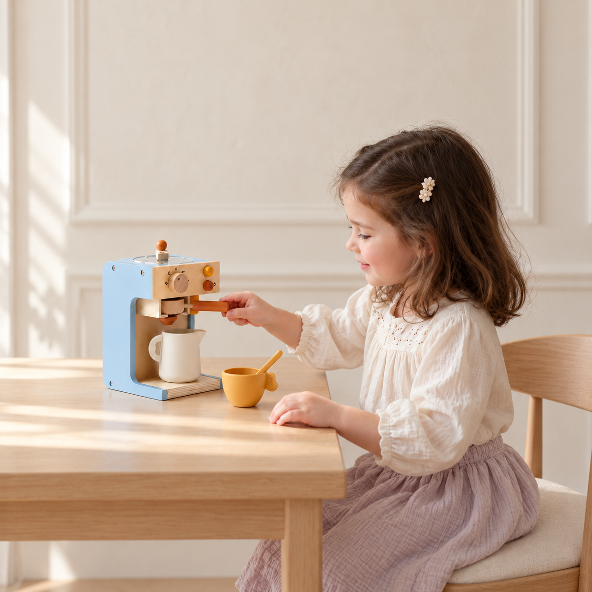 Little girl playing barista with wooden pretend coffee maker at a wooden table.