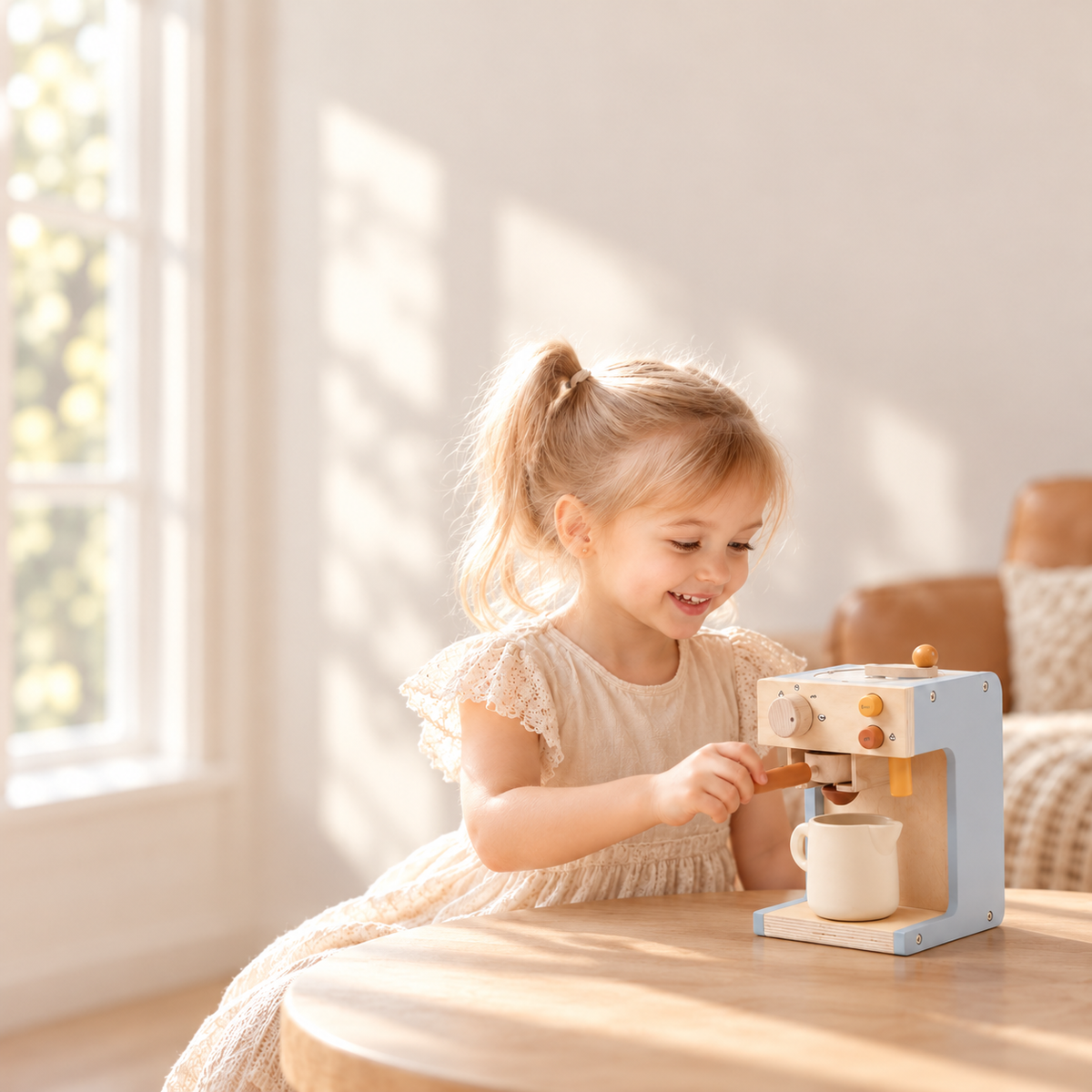 Happy little girl plays barista with wooden pretend coffee maker in a sunlit room.