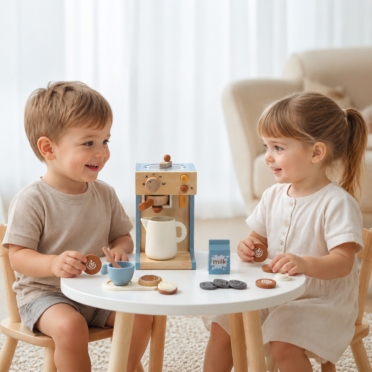 Two cute kids play cafe shop together with this wooden coffee toy set.