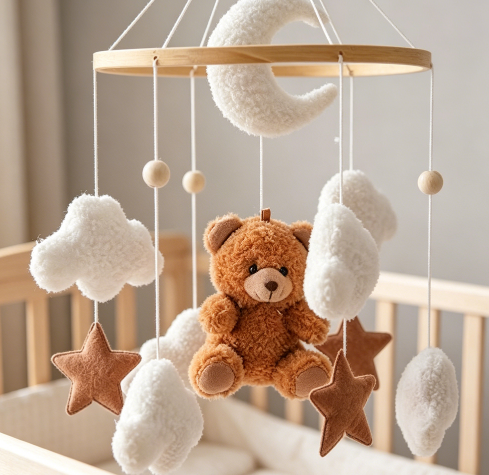 Bear Crib Mobile: Teddy Velvet Hanging Baby Mobile for Boys &amp; Girls, Newborn Nursery Decor