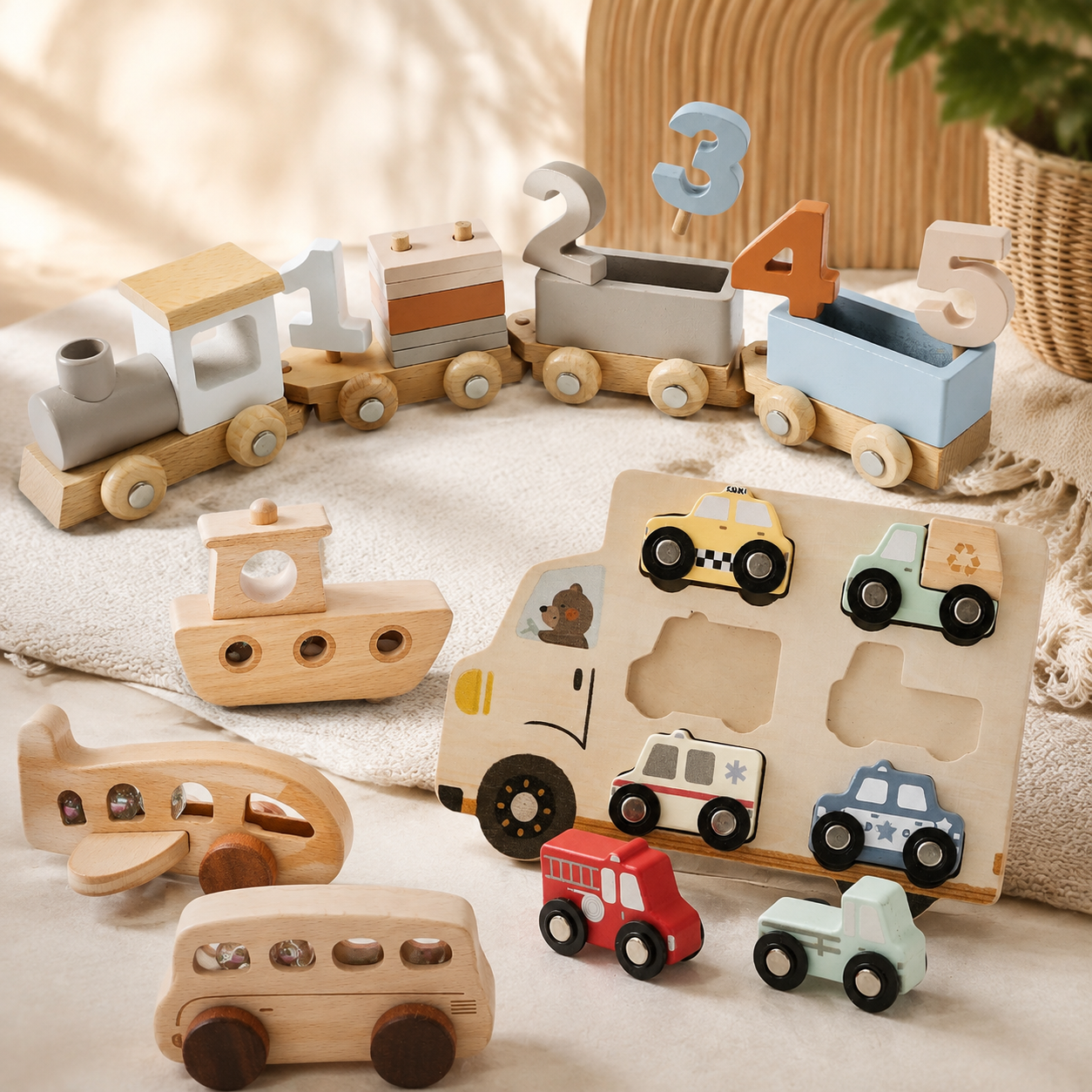 Montessori Wooden Transportation Toy Set for Toddlers | Number Train, Vehicle Puzzle &amp; Learning Toys Bundle