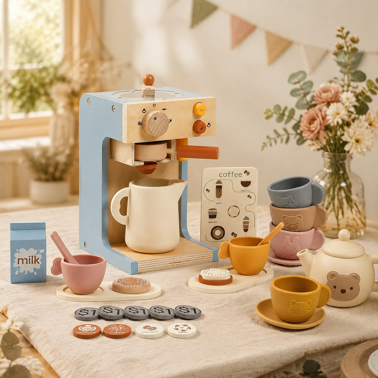 Montessori Wooden Coffee Machine Toy Set for Kids | Pretend Play Barista Kitchen Toy with Tea Set
