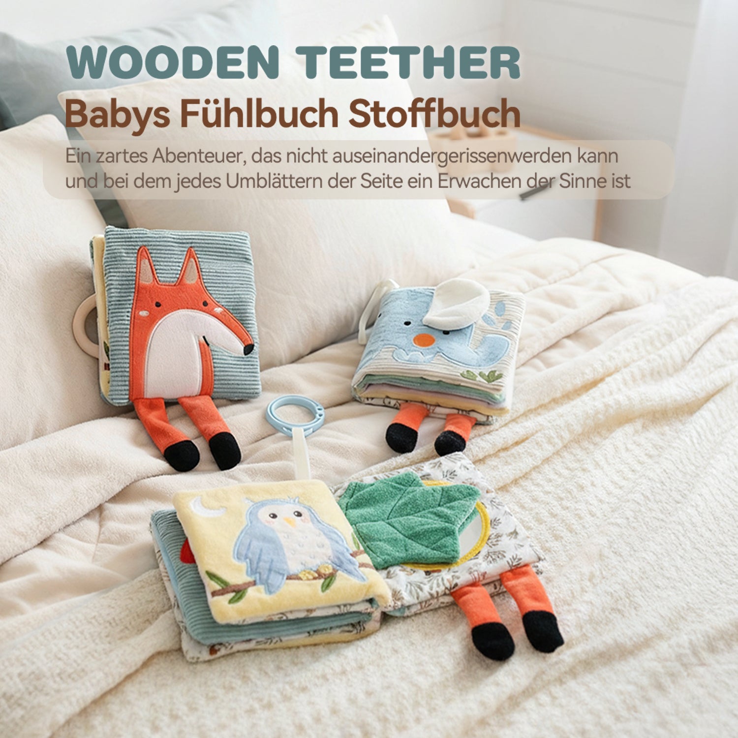 Montessori Soft Baby Book 0-12M Crinkle Sensory Tummy Time Toy with Mirror Teether