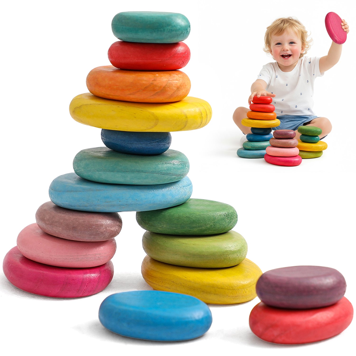 Wooden Stacking Rocks 16Pcs Montessori Toy for Toddlers 1-3