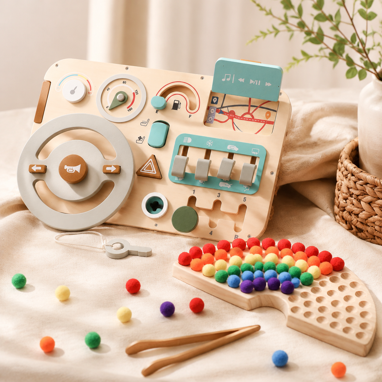 Montessori Wooden Learning Toy Set | Busy Board + Fine Motor Activity