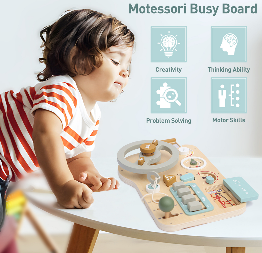 Montessori Wooden Car Driving Busy Board Toy for Toddlers 3Y+