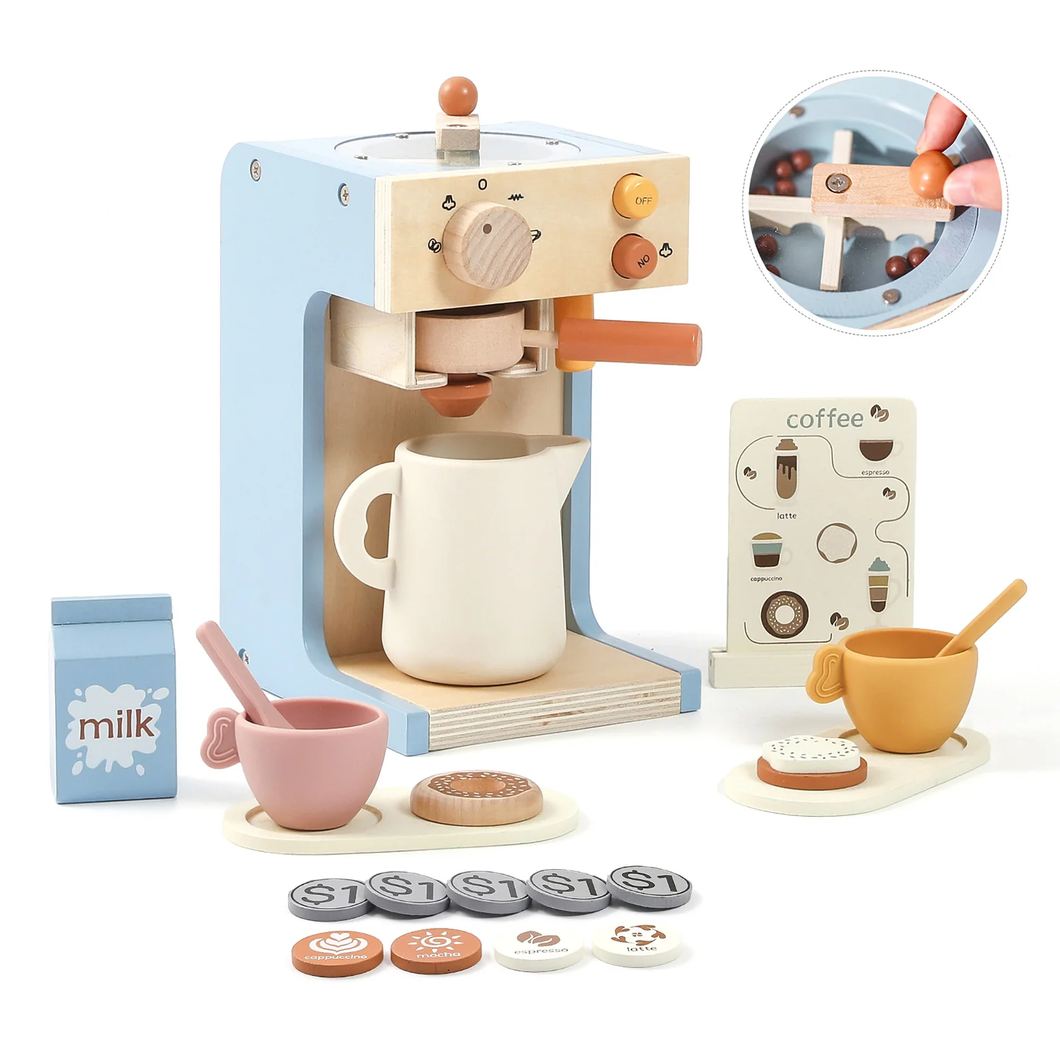 Kids Pretend Coffee &amp; Tea Set – Wooden Play Kitchen Gift