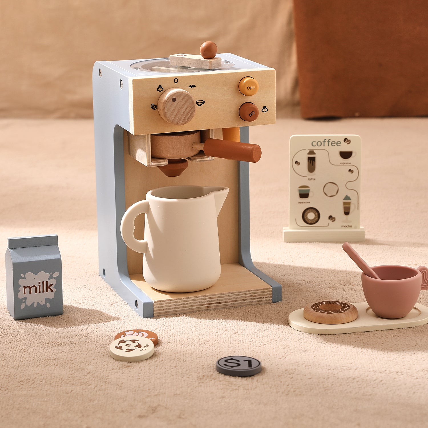 Wooden Coffee Maker Toy Set, Play Kitchen Gift for Toddlers 1-3 Years Old Boys Girls | LETSMAKE