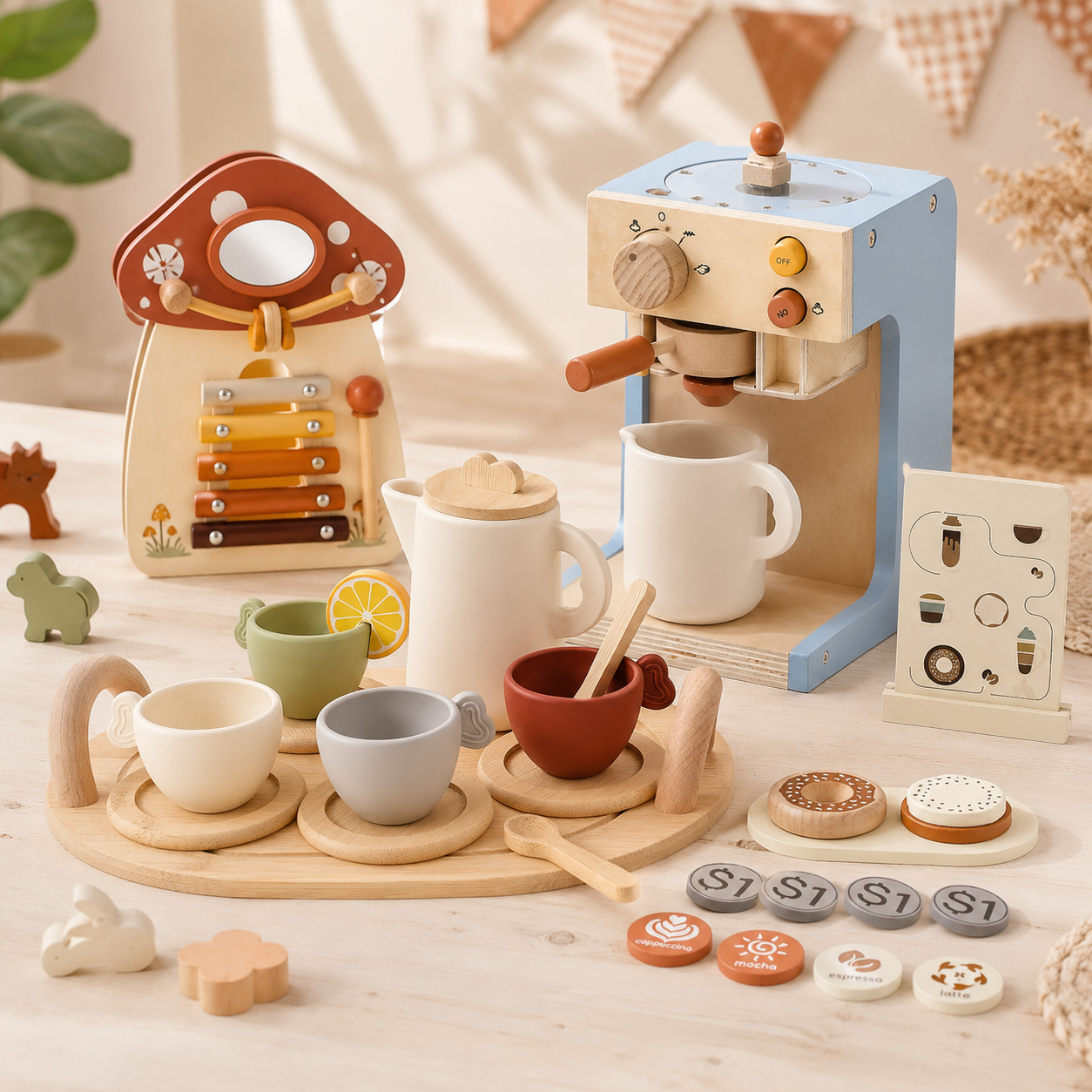 Kids Pretend Coffee &amp; Tea Set – Wooden Play Kitchen Gift